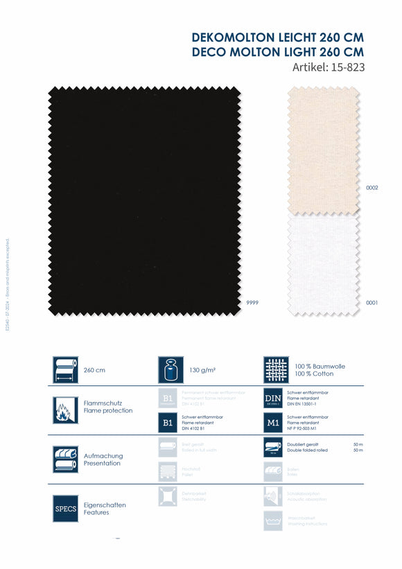 Dekomolton leicht 260 cm | 100% Baumwolle |  Flammenhemmend