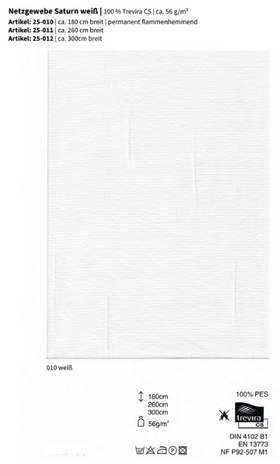 Netzgewebe Saturn weiß, 100% Trevira CS *30m Rolle