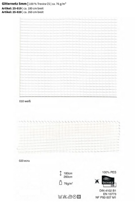 Gitternetz 5mm, 100% Trevira CS *30m Rolle