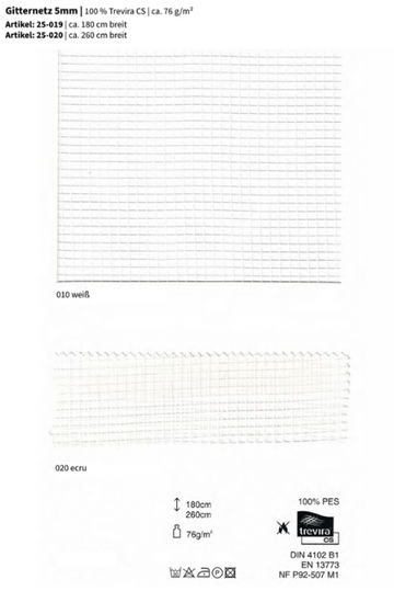 Gitternetz 5mm, 100% Trevira CS *30m Rolle