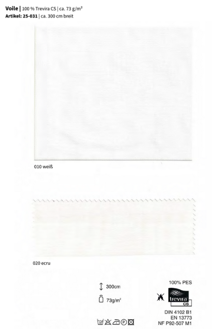 Voile, 100% Trevira CS *30m Rolle