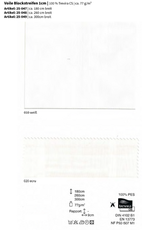 Voile Blockstreifen 1cm, 100% Trevira CS *30m Rolle