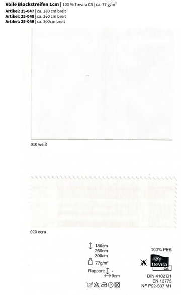 Voile Blockstreifen 1cm, 100% Trevira CS *30m Rolle