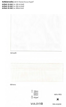Schleiervoile, 100% Trevira CS *30m Rolle